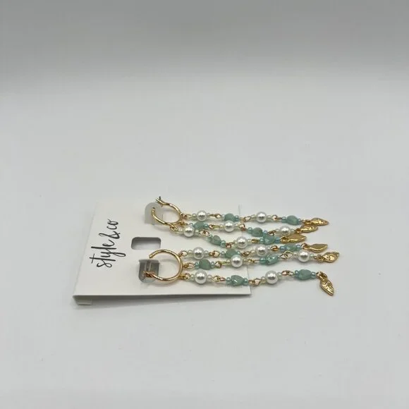 Style & Co Shaky Bead & Imitation Pearl Chain Hoop Earrings in Gold MSRP $25 NWT - Picture 3 of 5